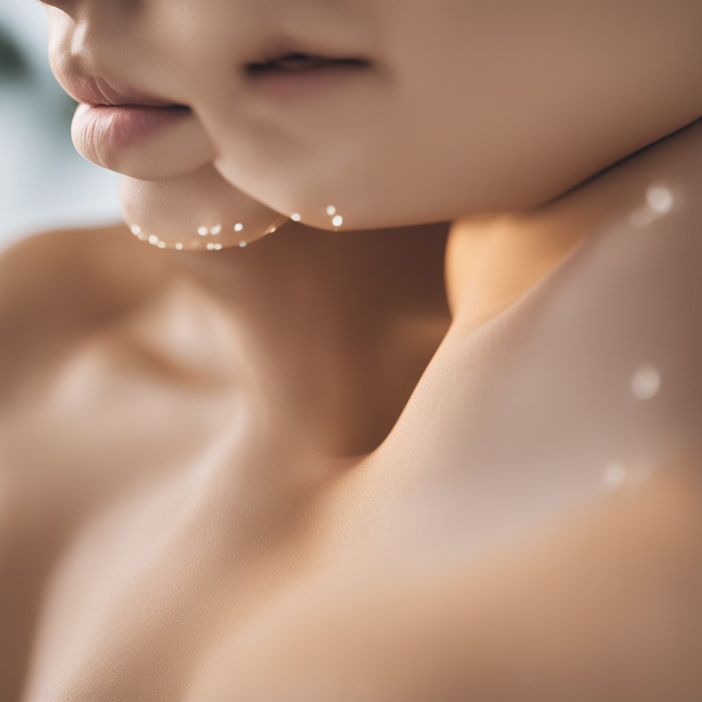 A close-up of a breast with a visible pimple, surrounded by smooth skin