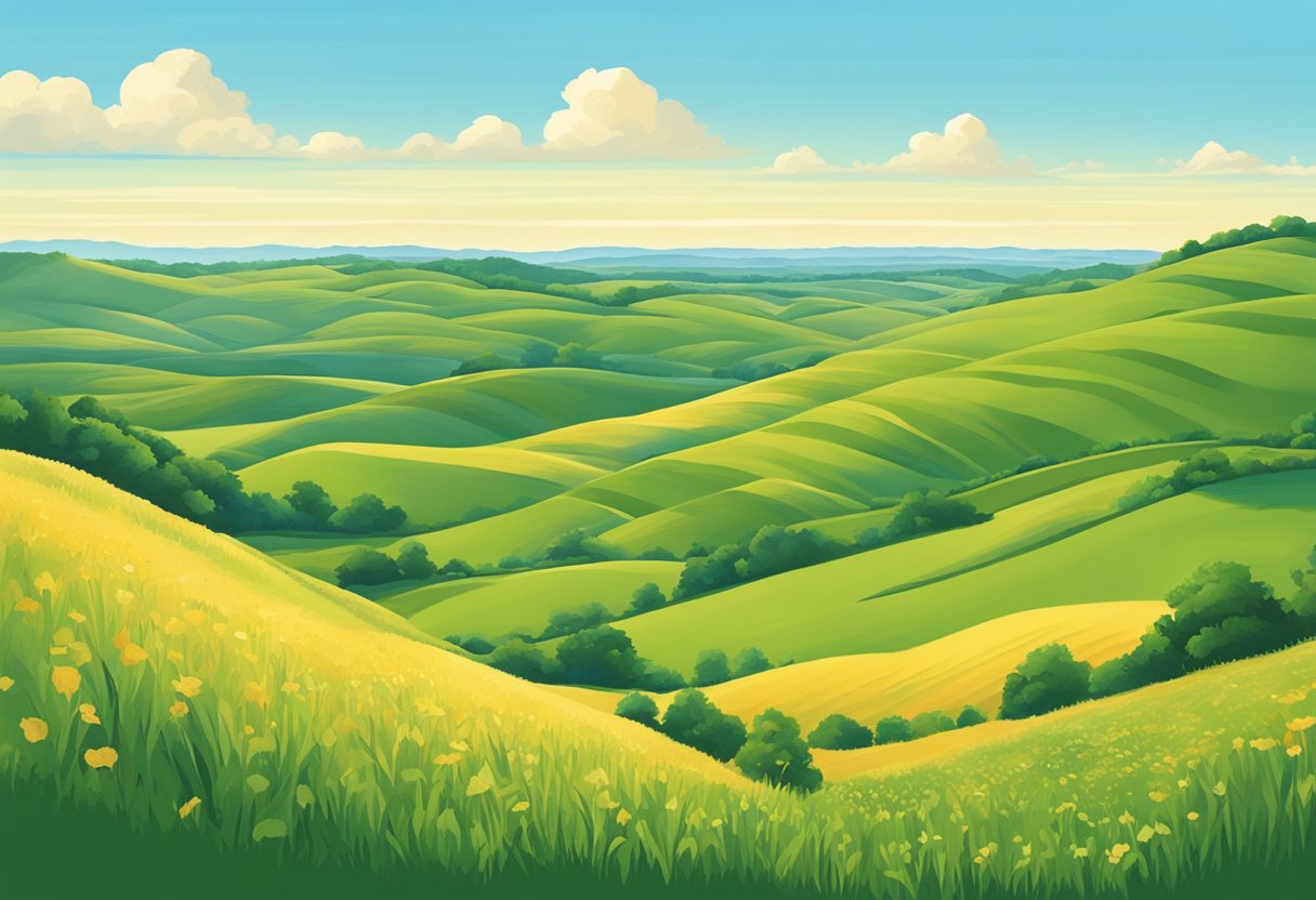 A serene landscape of rolling hills and fields in Nebraska, with vibrant greenery and clear blue skies, depicting the best time to visit