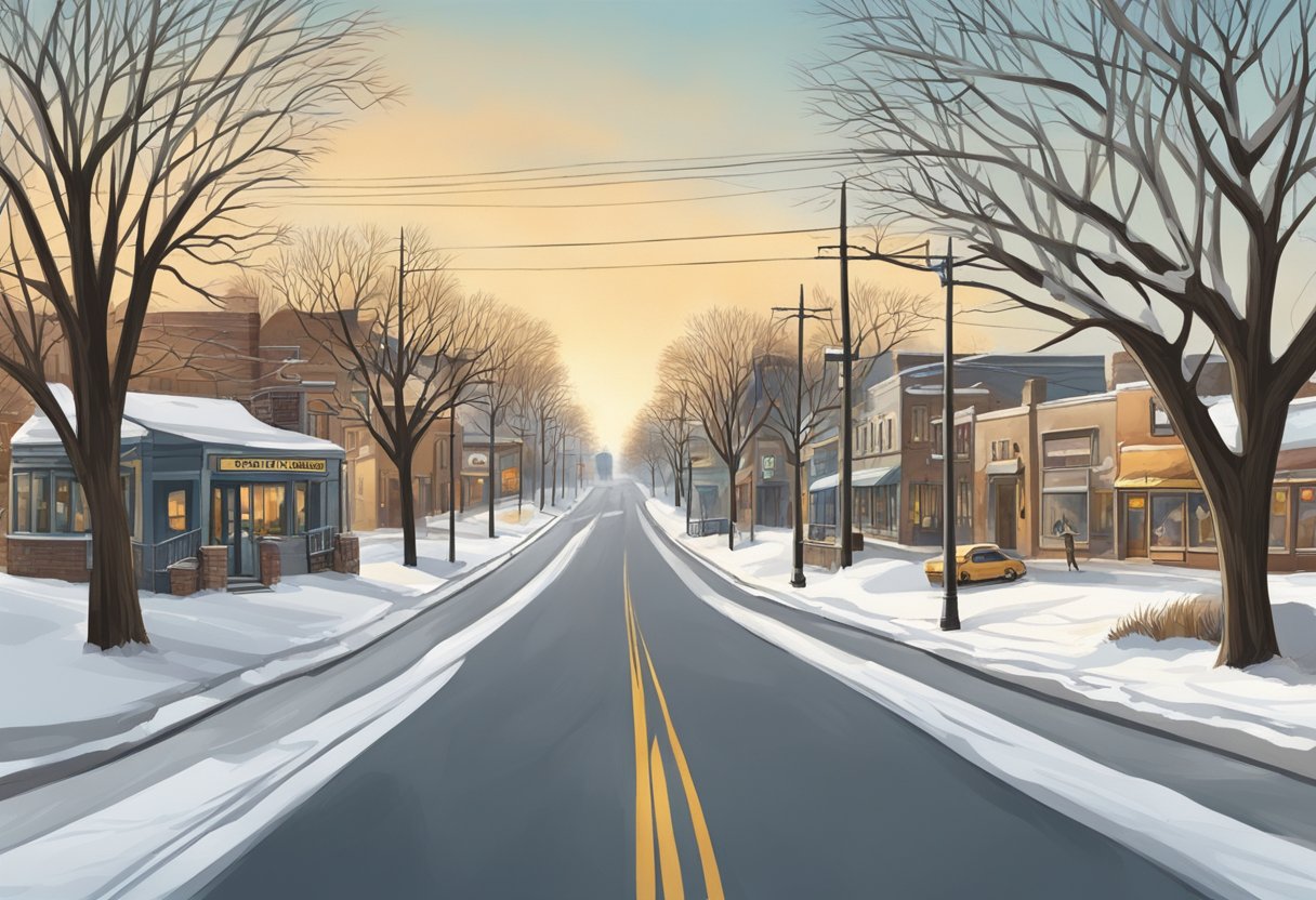 The scene shows a serene landscape of Nebraska during the off-season, with empty streets, quiet attractions, and a peaceful atmosphere