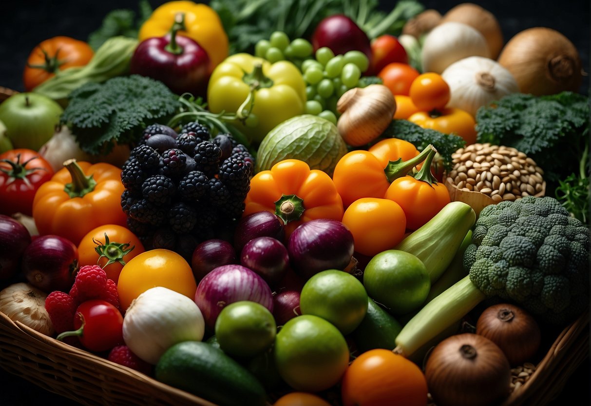 A colorful array of vegetables and fruits, including greens, berries, onions, mushrooms, beans, and seeds, arranged in a vibrant and appealing display