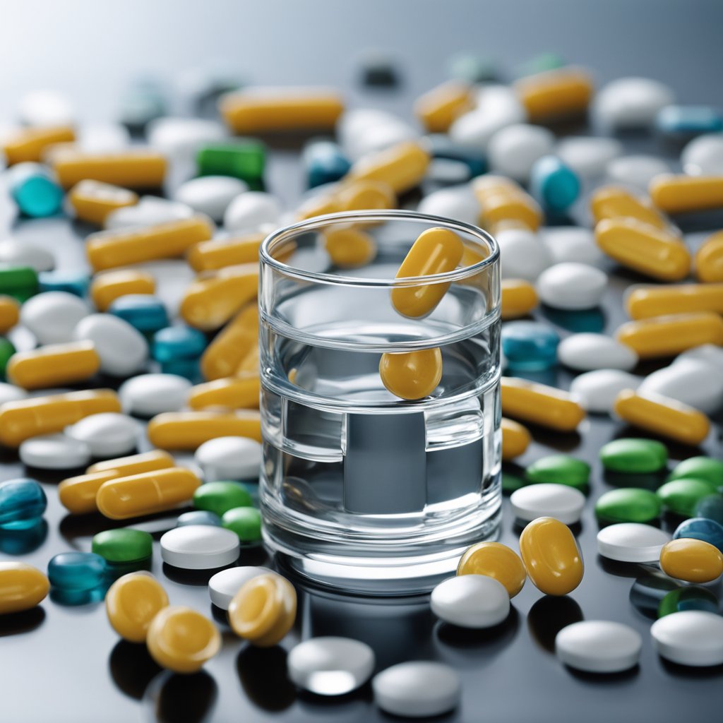 A clear glass of water with various pills and capsules scattered around it. A label reads "supplements for water retention."