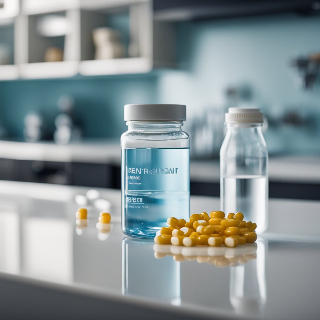 A bottle of water retention supplements sits on a countertop next to a glass of water, with a few pills spilling out onto the surface