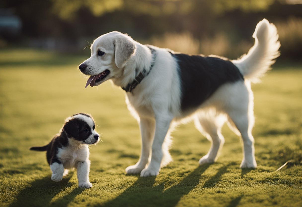 A small puppy approaches an older dog with a wagging tail. The older dog sniffs the puppy cautiously, then begins to playfully engage with the new addition to the family