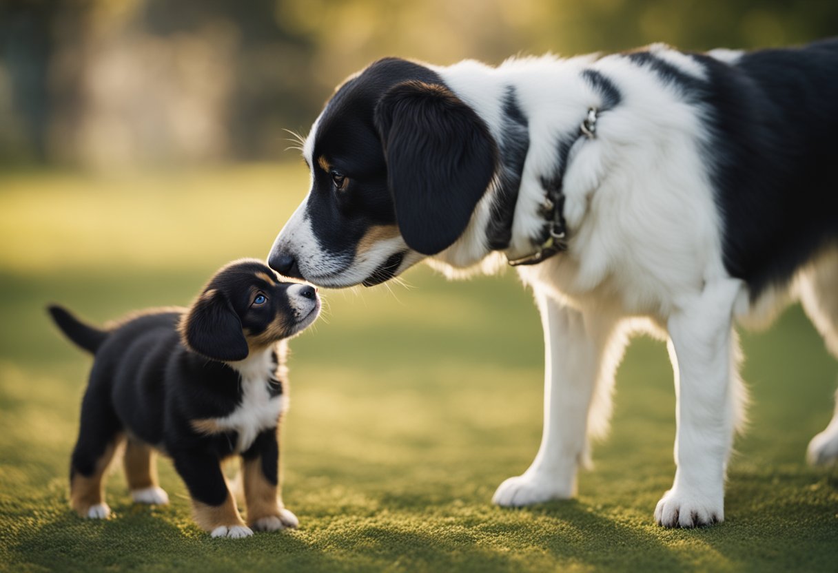 A calm older dog sniffs a playful puppy, wagging its tail. The puppy approaches cautiously, and the older dog responds with gentle nudges and licks