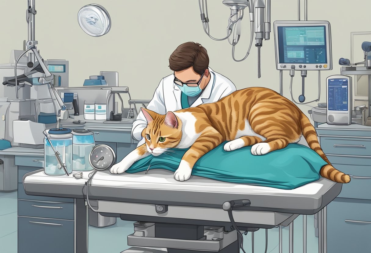 A cat lying on a surgical table, surrounded by medical equipment. A veterinarian performing a spaying procedure, with a focus on the abdominal area