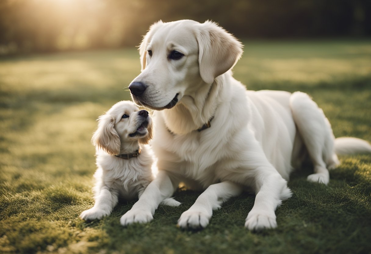 A young puppy cautiously approaches an older dog, who sits calmly with a wagging tail. The older dog sniffs the puppy, then playfully nudges it with its nose, welcoming the new addition to the family