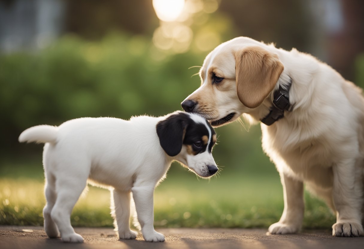 A small, wiggly puppy approaches a calm, older dog with a wagging tail. The older dog sniffs the puppy's face as they begin to interact