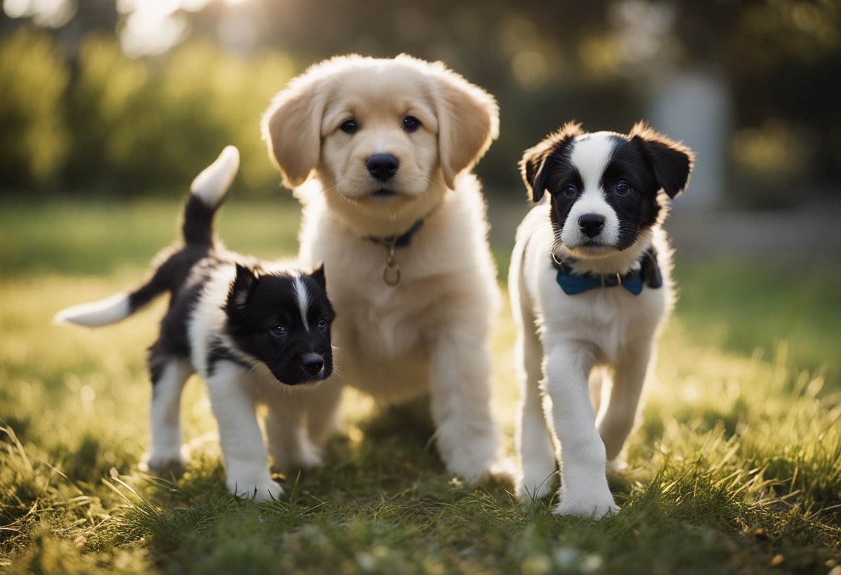 A new puppy approaches an older dog cautiously, while the older dog sniffs and observes the puppy with a calm and relaxed demeanor