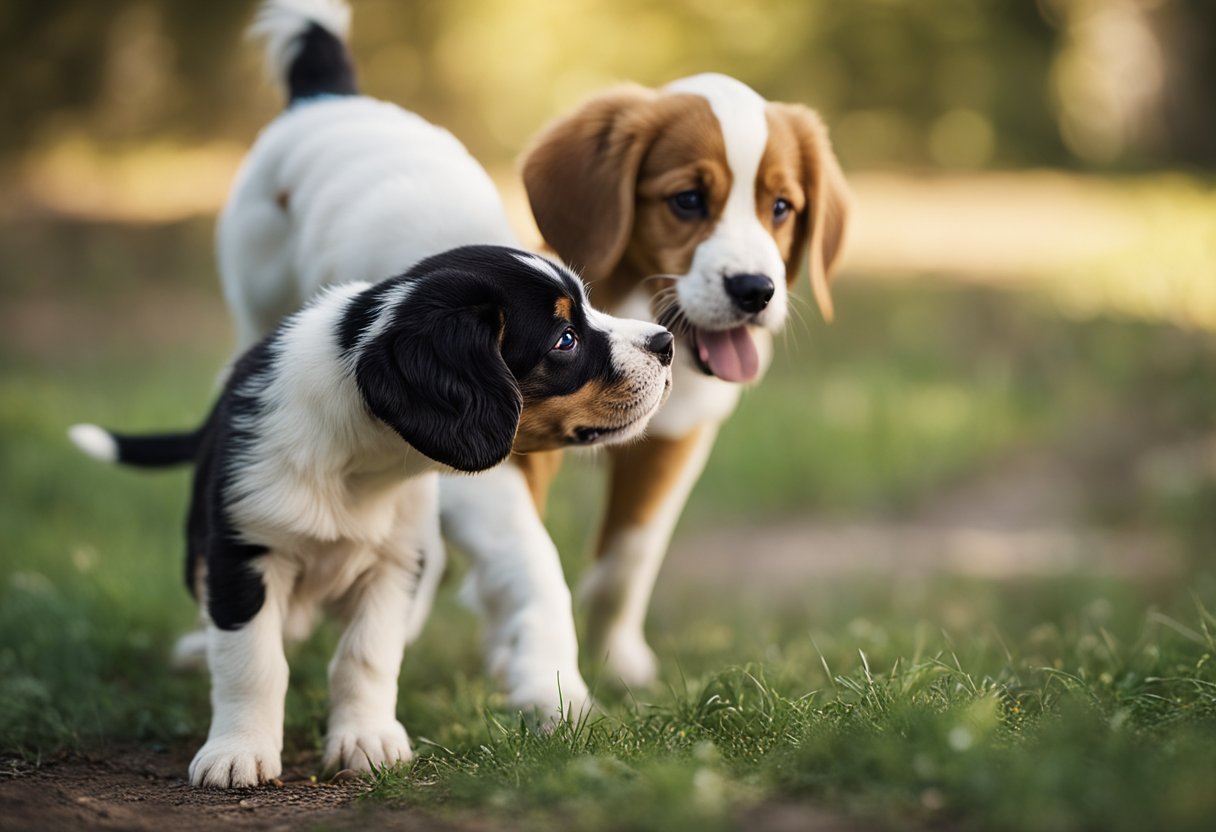 A new puppy approaches an older dog, wagging its tail. The older dog sniffs the puppy, then playfully nudges it with its nose