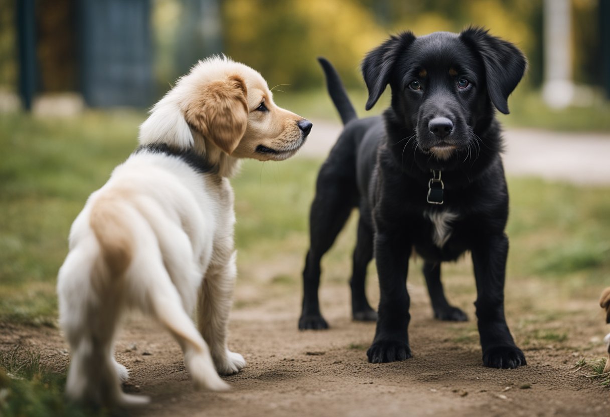 A playful puppy approaches an older dog, wagging its tail. The older dog watches cautiously, sniffing the air. A human watches from a distance, ready to intervene if needed