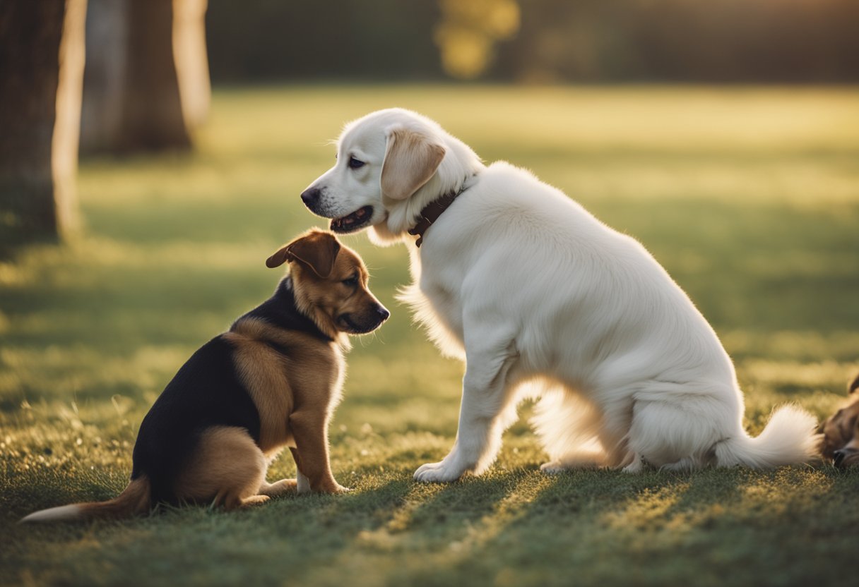 A playful puppy cautiously approaches an older dog, wagging its tail and sniffing the air. The older dog watches attentively, with ears perked and a relaxed body posture