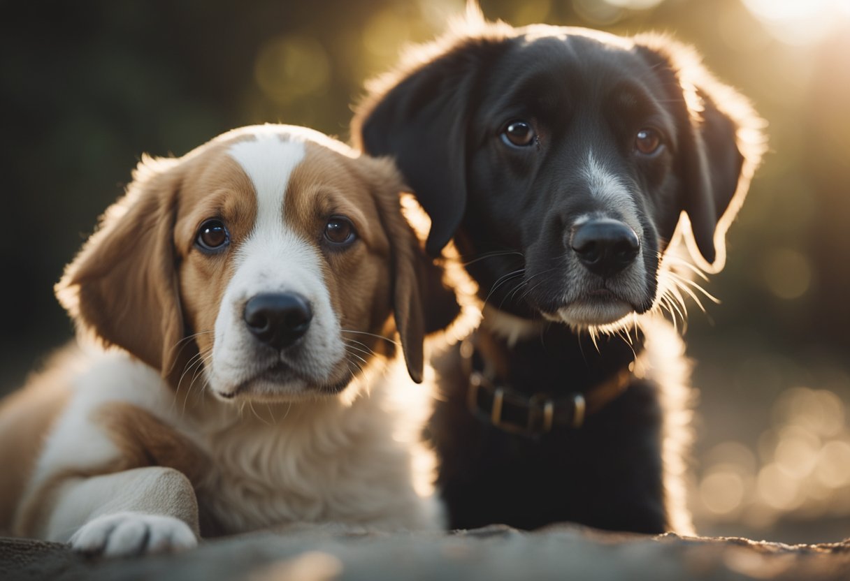 A playful puppy approaches an older dog cautiously. The older dog looks wary but eventually warms up to the puppy, showing signs of acceptance and playfulness