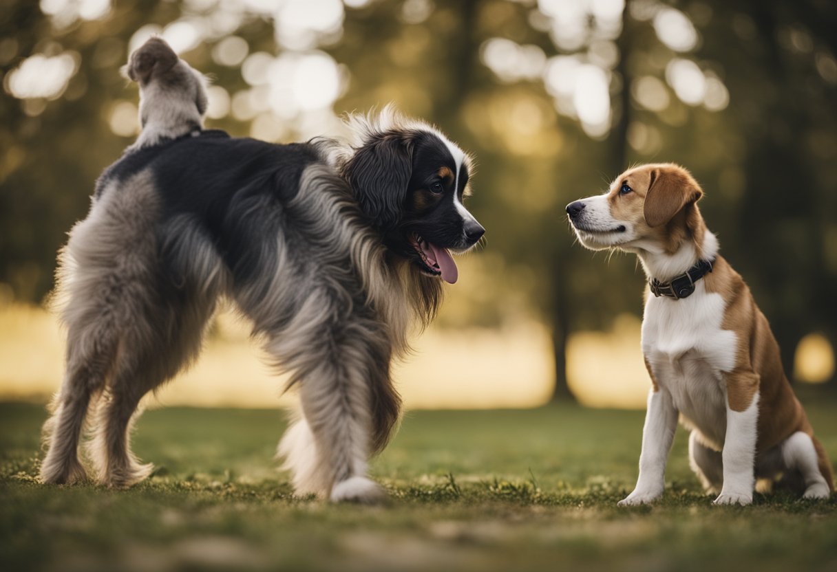 A playful puppy approaches an older dog with wagging tail. The older dog looks cautious but curious, sniffing the air as the puppy eagerly tries to engage in play