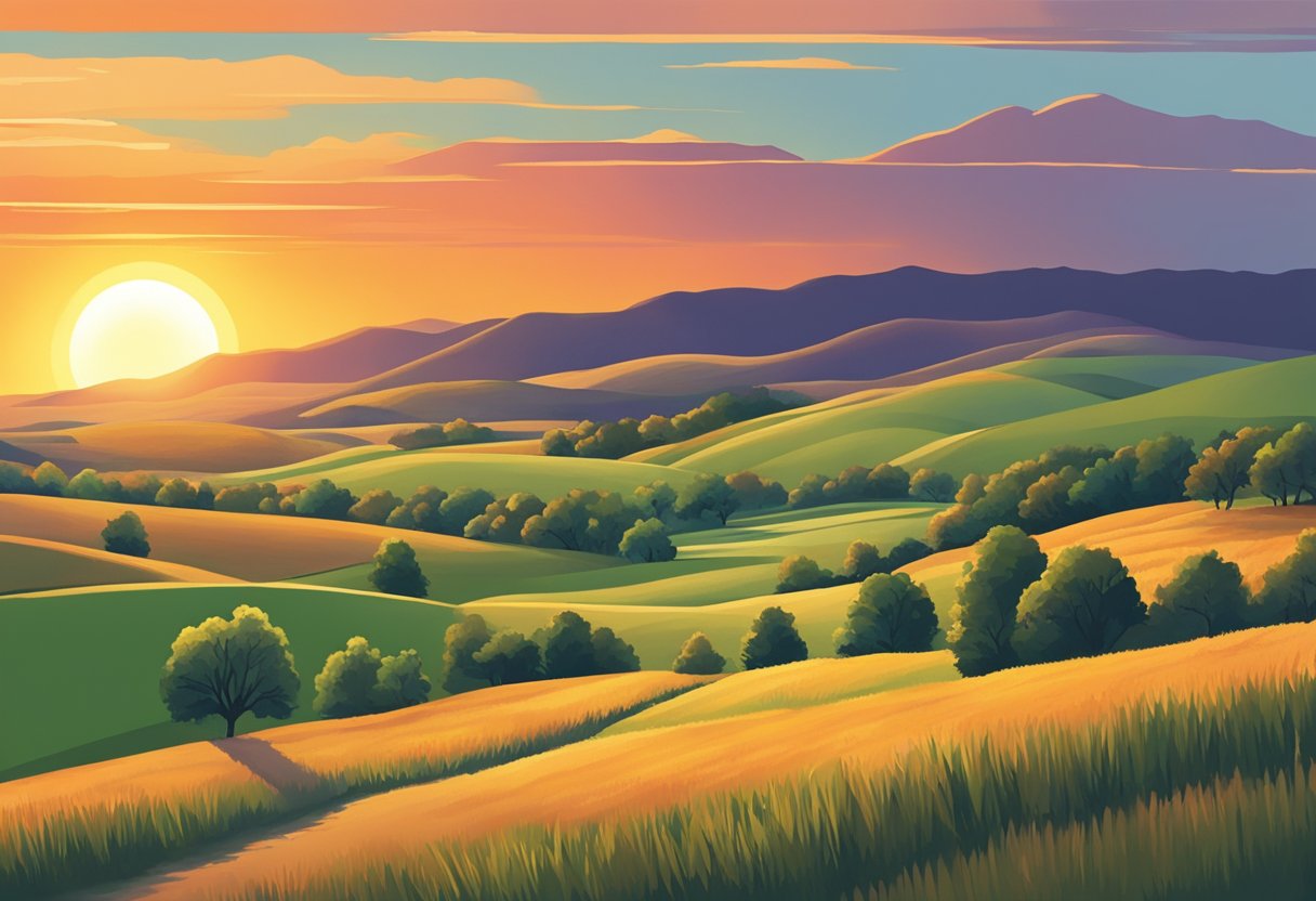 The sun sets behind rolling hills in Nebraska, casting a warm glow over the landscape. A calendar shows peak tourist seasons