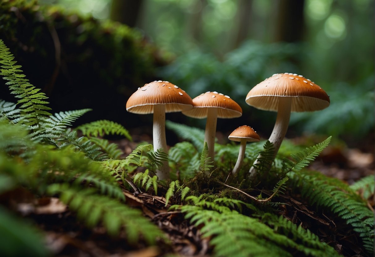 Mushrooms grow in a lush forest, surrounded by ferns and fallen leaves. Their varied shapes and colors create a vibrant and magical scene