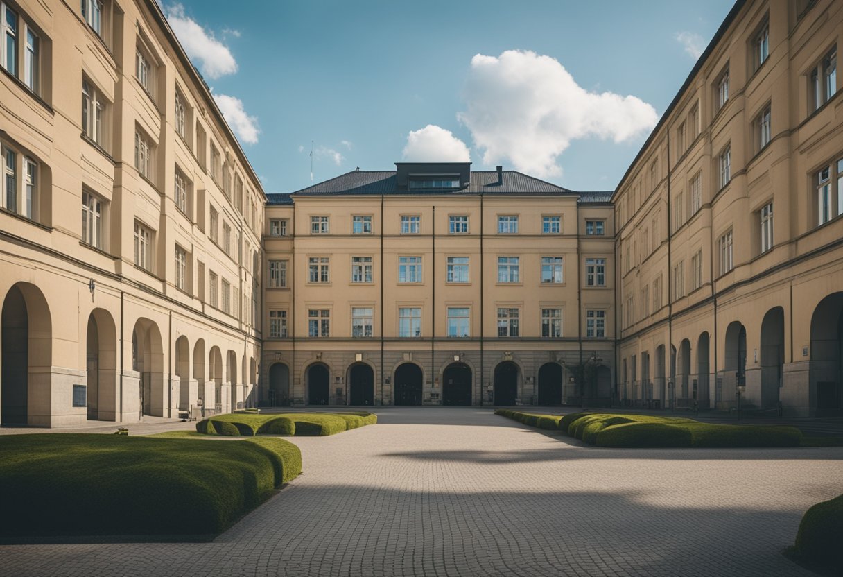Die McNair-Kaserne in Berlin, Deutschland, bestand aus einem großen Militärkomplex mit mehreren Gebäuden, einem Exerzierplatz und einem markanten Eingangstor