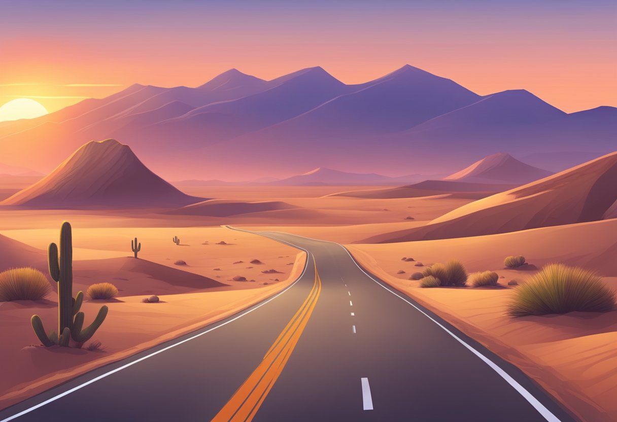 A quiet desert landscape with empty roads, closed tourist attractions, and a peaceful atmosphere. The sun sets behind the mountains, casting a warm glow over the barren land