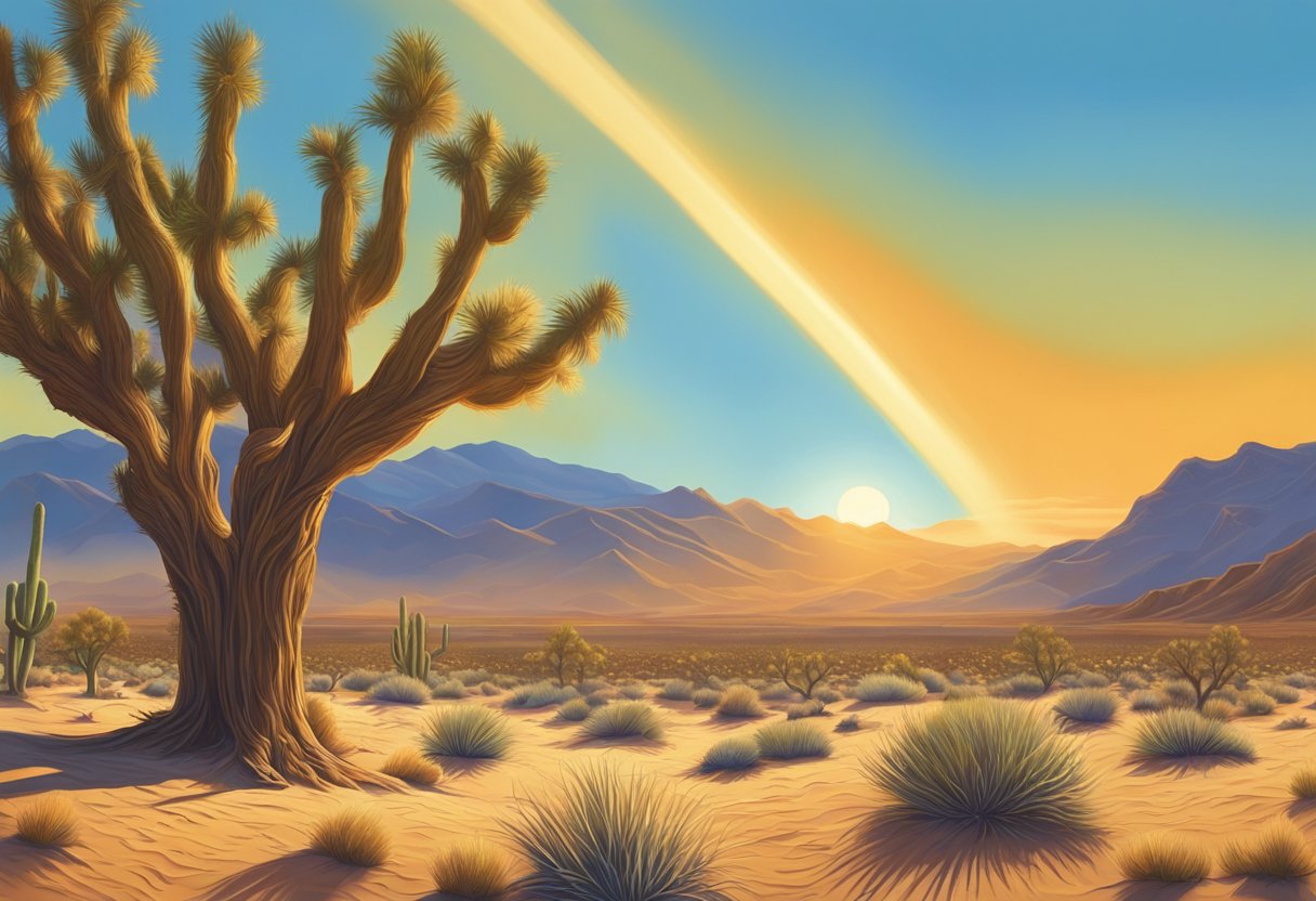 The scorching sun beats down on the desert landscape of Nevada, with shimmering heat waves rising from the arid ground. The clear blue sky offers no respite from the relentless heat