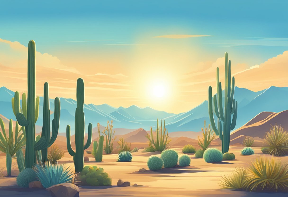 Sunny desert landscape with cacti and mountains. Clear blue sky with a few wispy clouds. Sun shining brightly