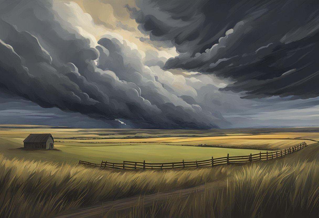 The scene shows a stormy sky over a deserted Iowa landscape, with dark clouds and gusts of wind. The atmosphere is ominous and foreboding, hinting at the worst time to visit