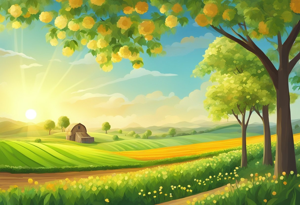 Bright sun over green fields, farmers harvesting crops. Trees sway in the warm breeze, flowers bloom. Avoid crowds, enjoy nature