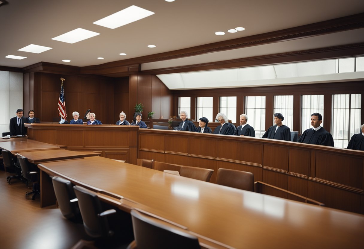Administrative law - A courtroom with judges and lawyers discussing regulations and legal procedures