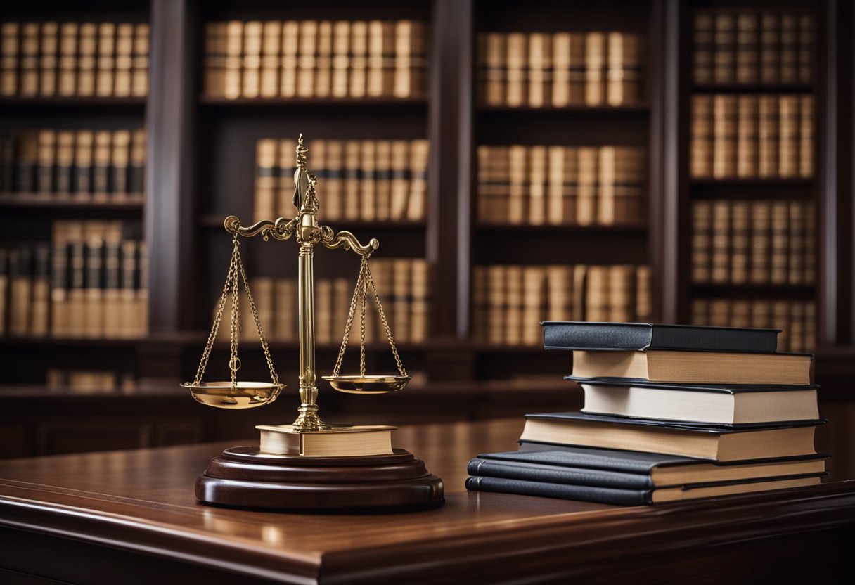 A courtroom with judges, lawyers, and a witness. Legal documents and books on shelves. Symbolic scales of justice
