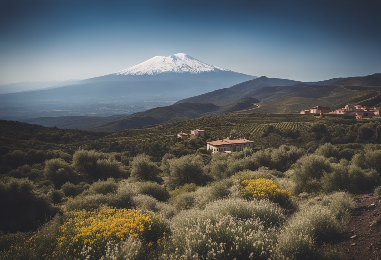 A scenic view of Mount Etna's Refuge Sapienza with surrounding geographical context