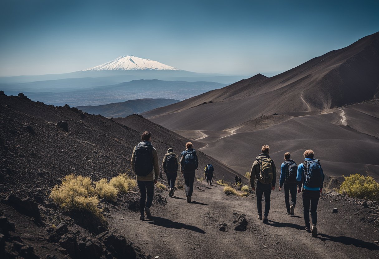 A group explores the rugged terrain around Mount Etna, with the Sapienza refuge in the background. The volcanic landscape is dramatic and awe-inspiring