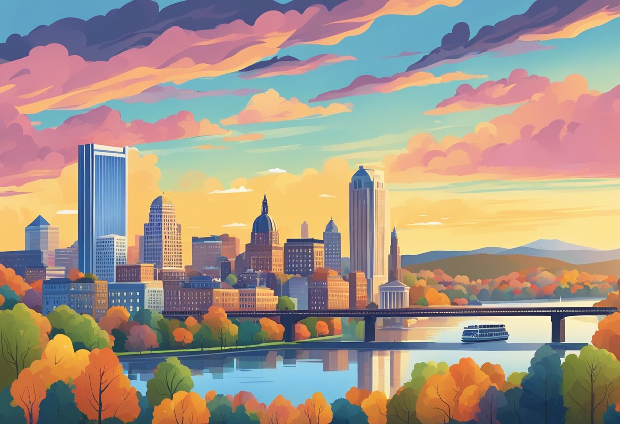 Pennsylvania's most expensive time: bustling city skyline with crowded attractions. Best time: serene countryside with colorful foliage and peaceful lakes