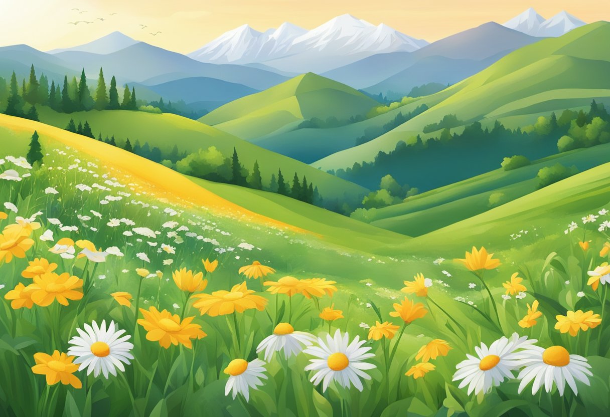 Sun shining over green hills, flowers blooming. People enjoying outdoor activities. Snow-capped mountains in the distance. A calendar showing July and August