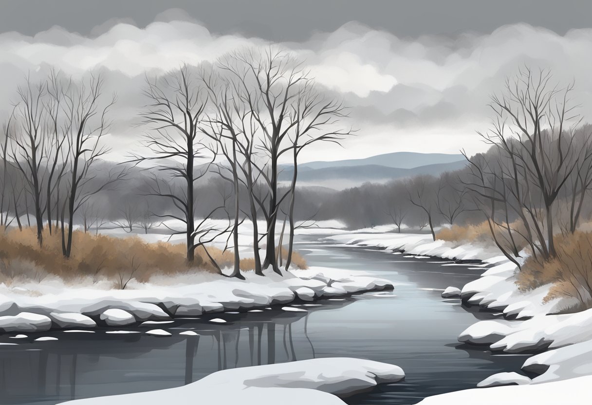 Snow-covered landscape with barren trees, frozen rivers, and a gray sky. A mix of beauty and harshness, capturing the coldest months in Pennsylvania