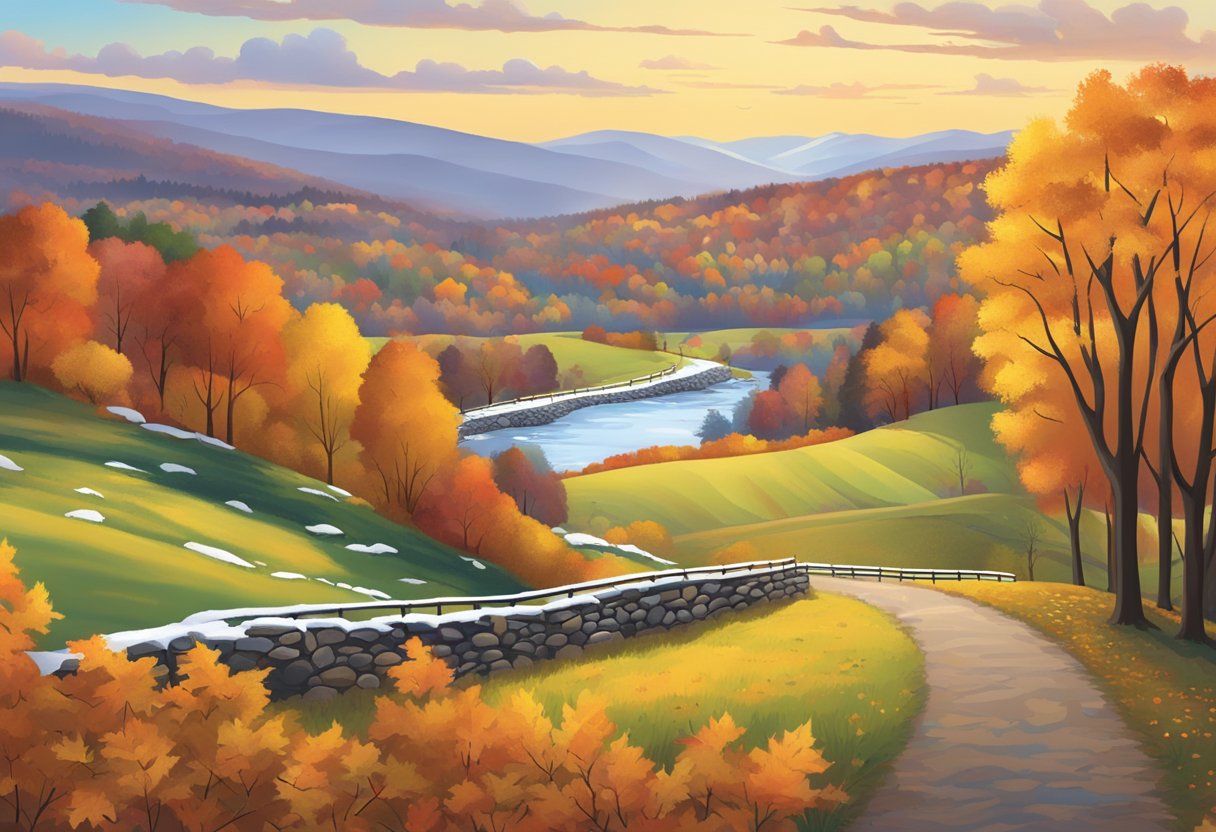 Pennsylvania landscape with changing seasons, featuring vibrant fall foliage and snow-covered winter scenes