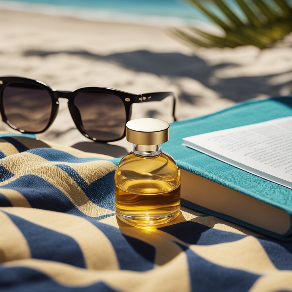 A tropical beach scene with a bottle of best tanning oil placed on a colorful towel next to a pair of sunglasses and a book