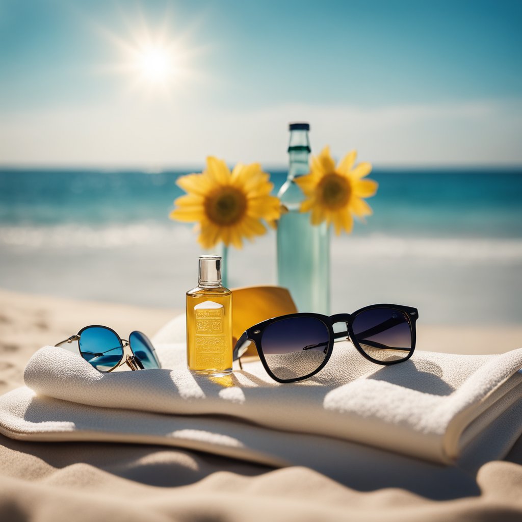 A beach scene with a bottle of tanning oil placed on a towel, surrounded by sunglasses, a hat, and a book. Sun and waves in the background