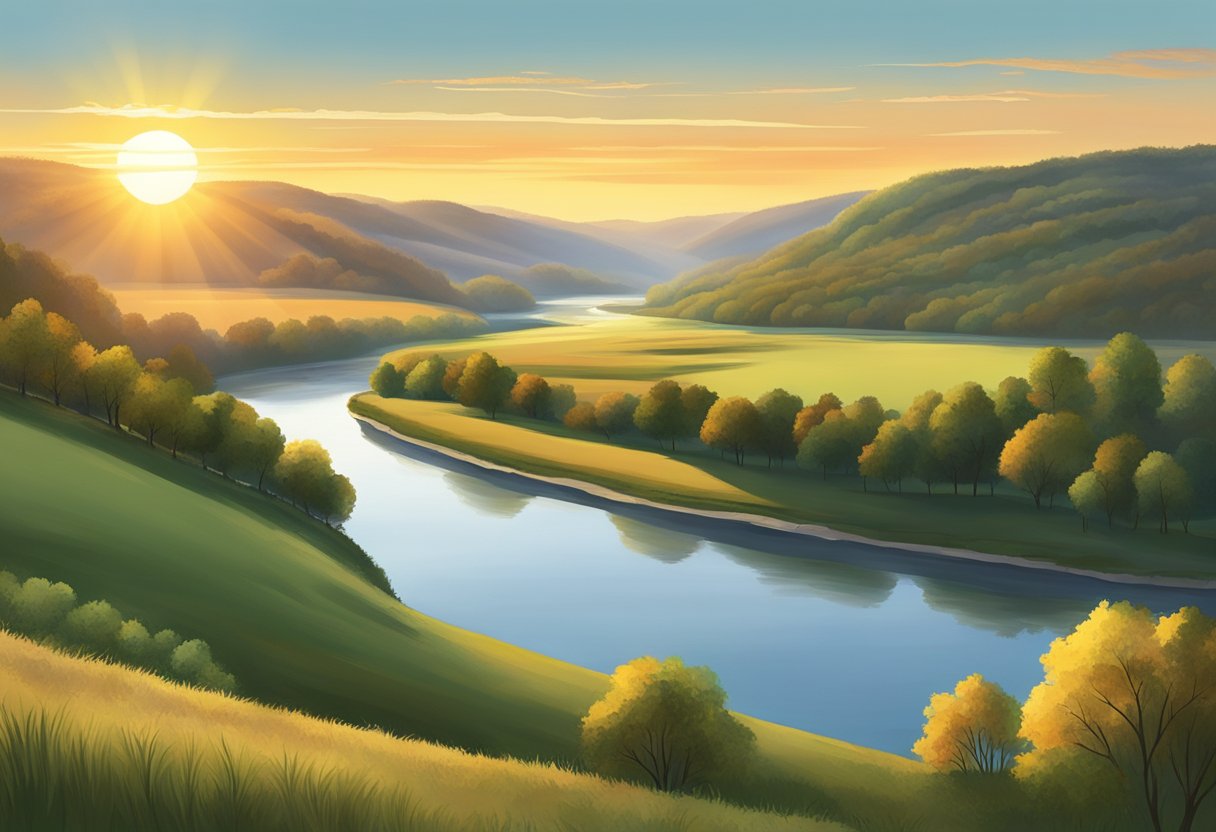 The sun rises over a serene Missouri landscape, casting a warm glow on the rolling hills and tranquil rivers below