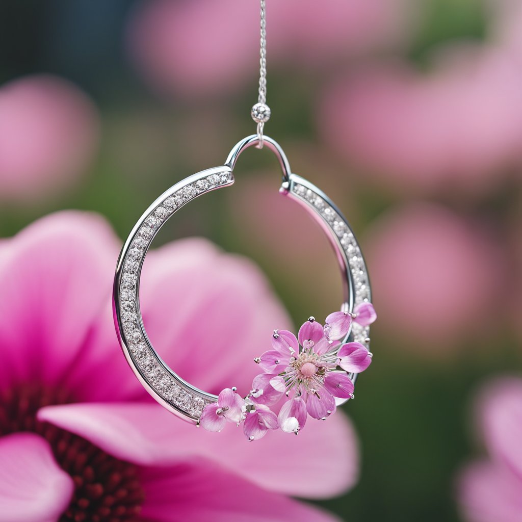 A close-up of a silver hoop piercing through the center of a pink, fleshy flower petal