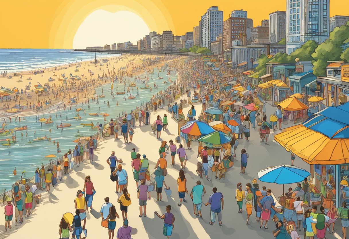 Bright sun over New Jersey, people flocking to beaches. Illustrate crowded boardwalks and bustling seaside towns. Avoid showing specific people or faces