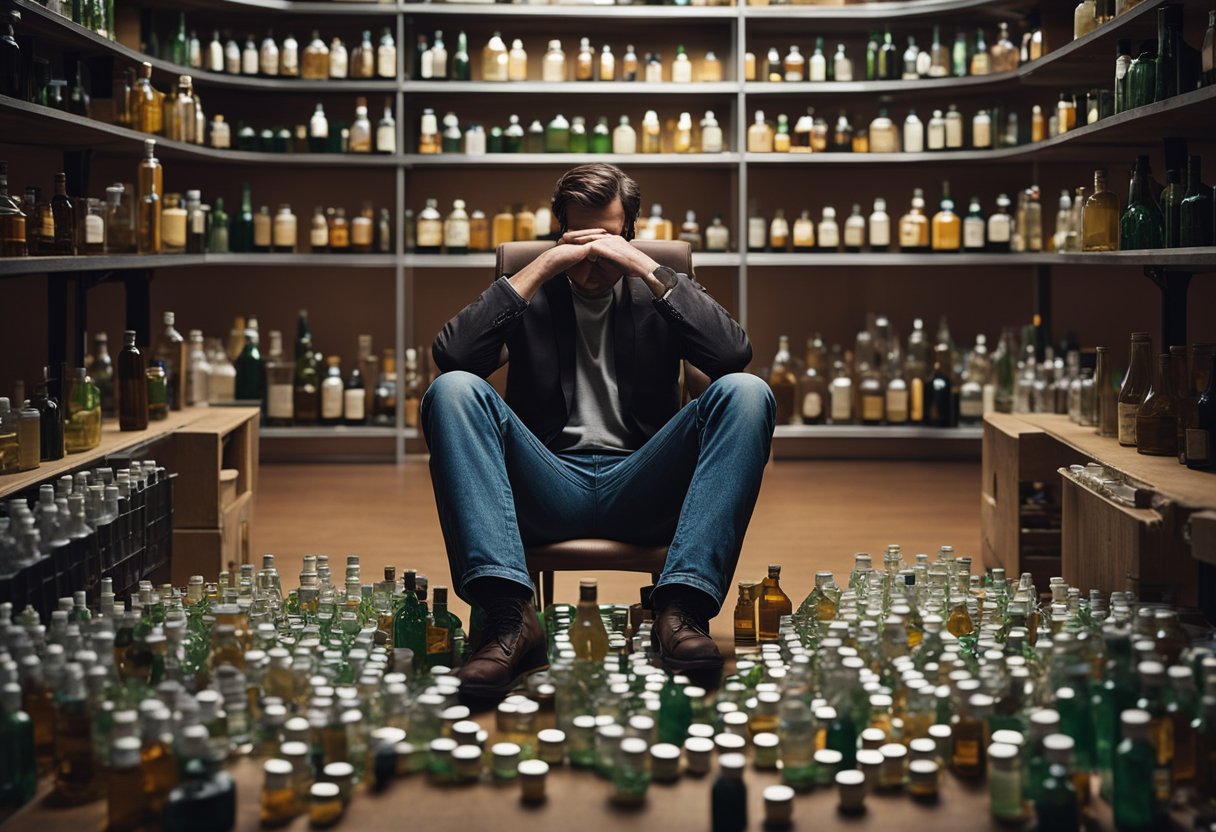 A person sitting in a chair, surrounded by empty pill bottles and alcohol containers, with a look of despair on their face