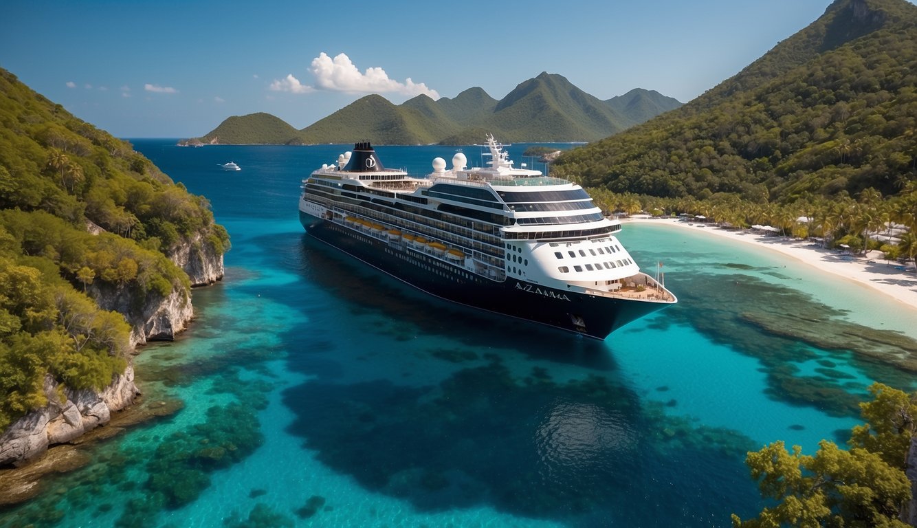 A luxurious Azamara cruise ship glides through crystal-clear waters, surrounded by vibrant tropical islands under a clear blue sky in 2024