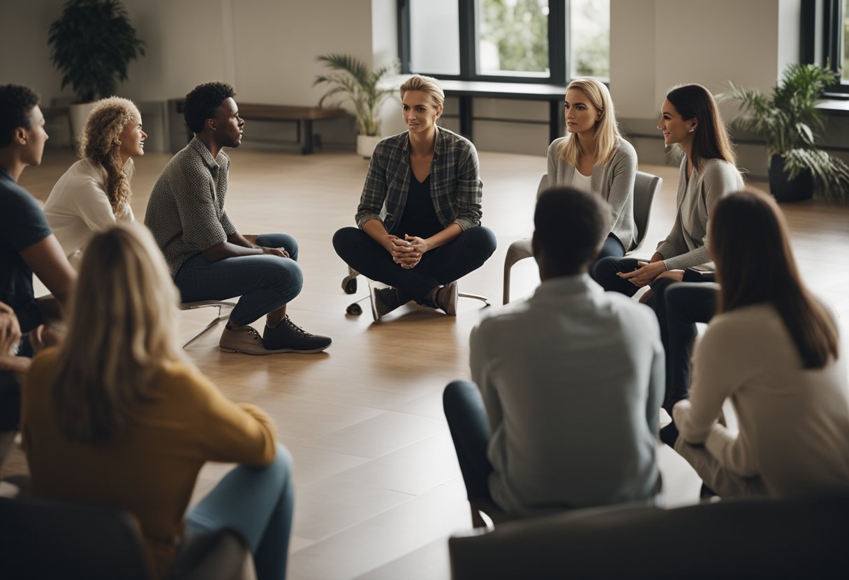 A person sitting in a circle at a support group meeting, surrounded by others sharing their experiences and offering support. A counselor leads the discussion on addiction and recovery