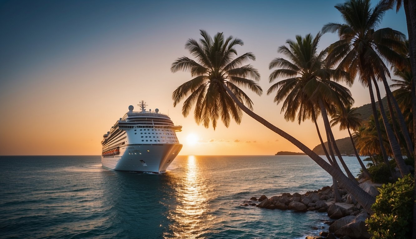 A luxurious cruise ship sails through sparkling blue waters, with the sun setting on the horizon and palm trees lining the shore