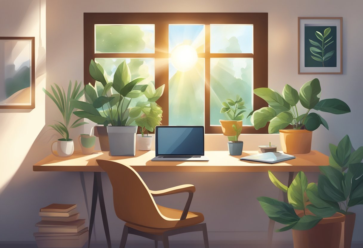 A well-lit desk featuring a laptop, houseplants, a beverage mug, and documents on a wooden surface.