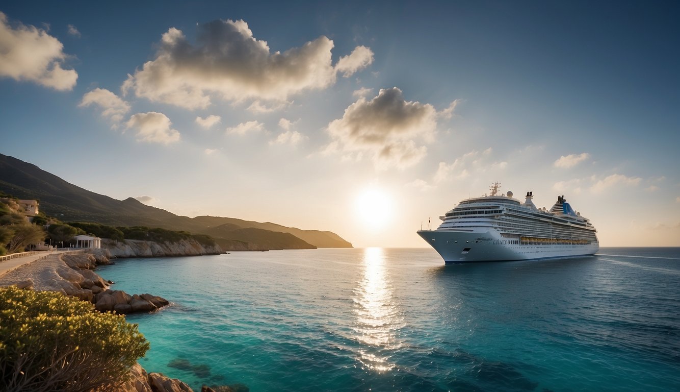 A luxurious cruise ship sails through crystal-clear waters, passing by stunning coastal landscapes and exotic destinations in 2024