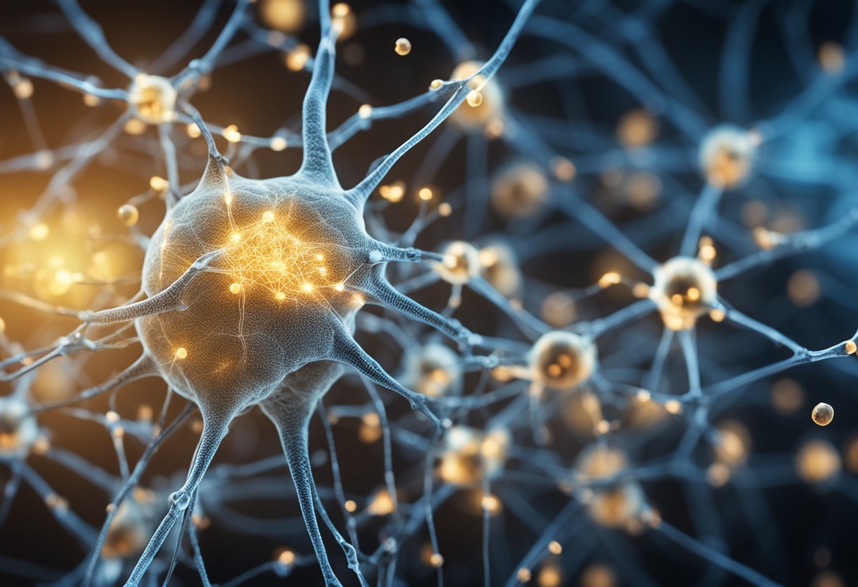 A tangled web of brain neurons, with some firing rapidly while others remain dormant. Various chemicals and neurotransmitters are depicted interacting within the neural network