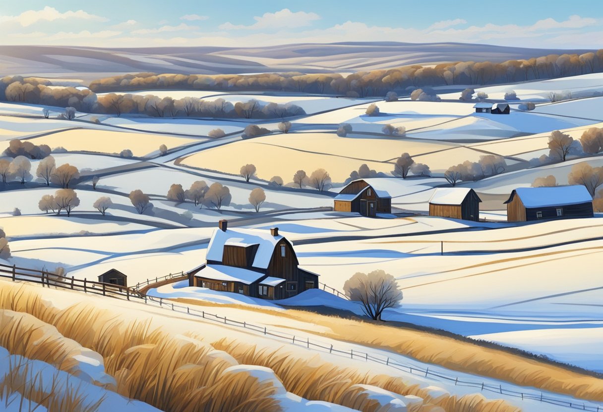 A serene North Dakota landscape, with snow-covered fields and a clear blue sky. A solitary farmhouse sits in the distance, surrounded by rolling hills and a peaceful atmosphere