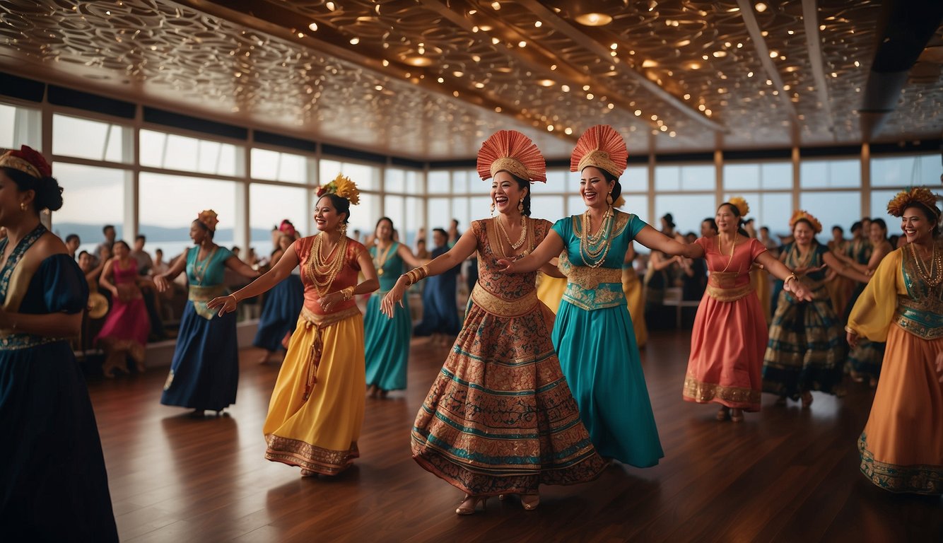 Vibrant cultural performances fill the deck of the Azamara cruise ship, as passengers engage in traditional dances and music from around the world