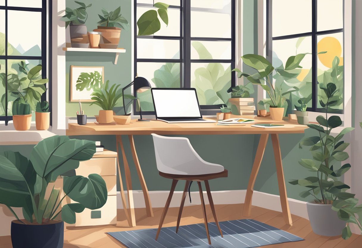 A cozy home office with a desk, computer, and chair by a sunny window, surrounded by plants and organized supplies.