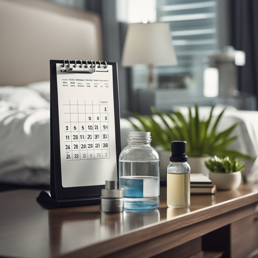 A calendar with days marked off, a bottle of water, and a pack of anti-diarrheal medication on a bedside table