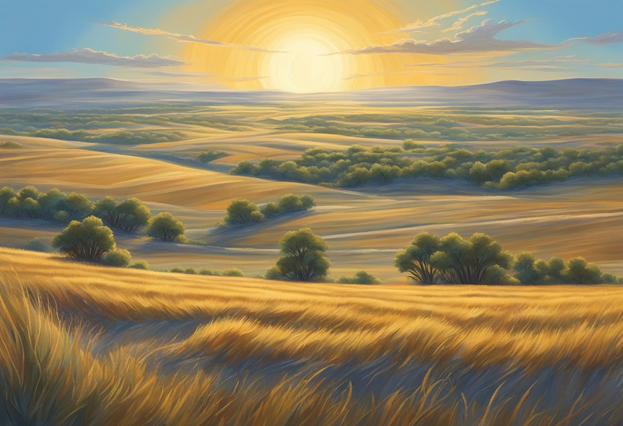The sun beats down on the vast North Dakota landscape, with dry heat shimmering off the plains. Dust swirls in the air, and the sky is a brilliant blue. The scene is a mix of beauty and harshness, capturing the essence of